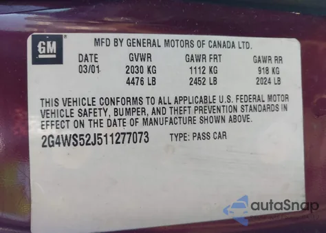 2001 Buick Century Custom из США, поврежденный, VIN 2G4WS52J511277073